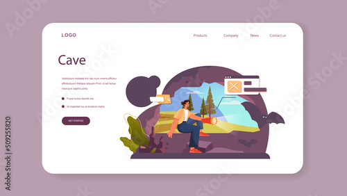 Speleologist web banner or landing page. Scientst exploring deep