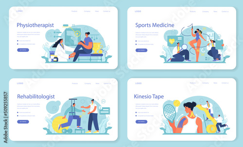 Sports medicine web banner or landing page set. Doctor helping
