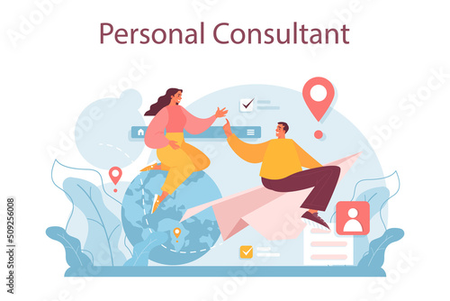 Tourism program. Agent creating travel tour and consulting