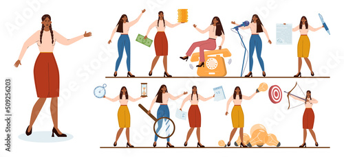 Native American businesswoman set. Characters wearing business