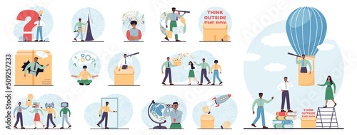 Think outside the box concept set. Creativity and brainstorming