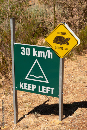 Western Cape, South Africa. 2022. Tortoise crossing road sign with 30 KM speed green sign. Western Cape, South Africa.