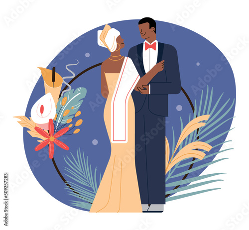 Wedding couple of color. Happy diverse wedding couple wearing