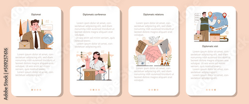 Diplomat mobile application banner set. International relations