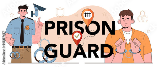 Prison guard typographic header. Police officer convoying