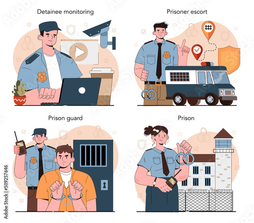 Prison guard concept set. Police officer convoying angry arrested