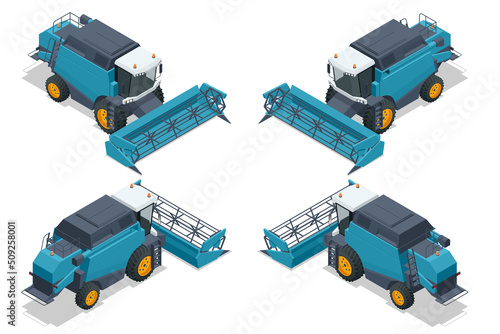 Isometric blue combine harvester isolated on white. Combine harvester harvests ripe wheat. Agriculture concept. Reaping, threshing, gathering, and winnowing