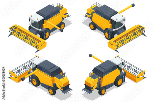Isometric yellow Combine harvester isolated on white. Combine harvester harvests ripe wheat. Agriculture concept. Reaping, threshing, gathering, and winnowing