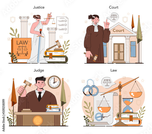 Judge concept set. Court worker stand for justice and law. Judge in traditional