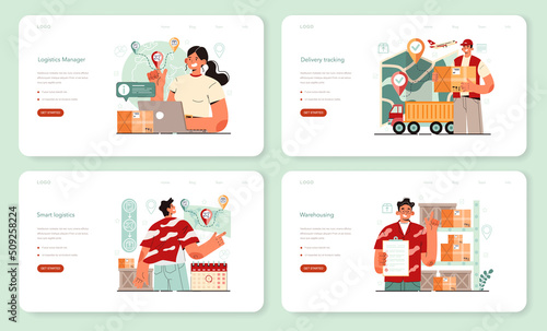 Logistic and delivery service web banner or landing page set.