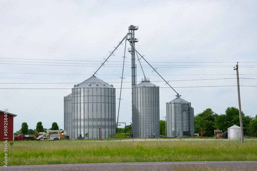 agro silos granary elevator on agro-processing manufacturing plant for processing drying cleaning and storage of agricultural products, flour, cereals and grain