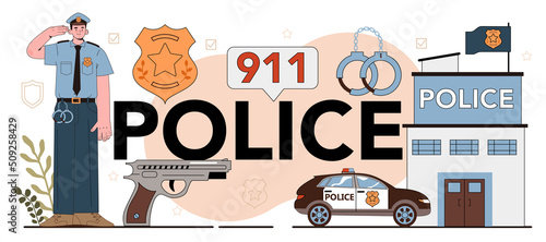 Police typographic header. Detective making investigation and apprehension.