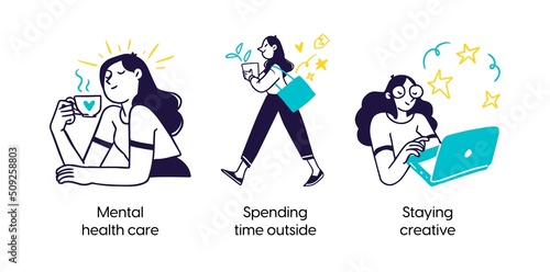 Mental health care to stay creative - abstract concept illustrations. Mental health care, Spending time outside, Staying creative. Visual stories collection