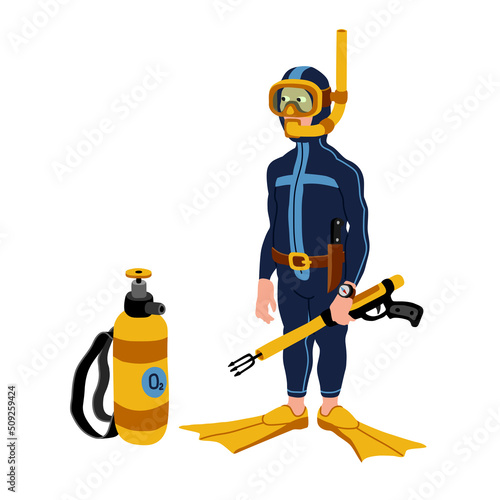 A funny diver-saboteur or hunter in a diving suit with a speargun and an oxygen cylinder. Vector illustration isolated on a white background in cartoon style.