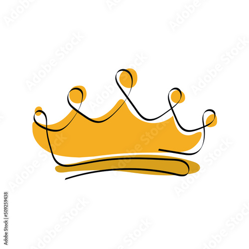 Golden crown in one line art drawing. Symbol of king icon isolated on white background. Royal, luxury, vip sign. Vector illustration.