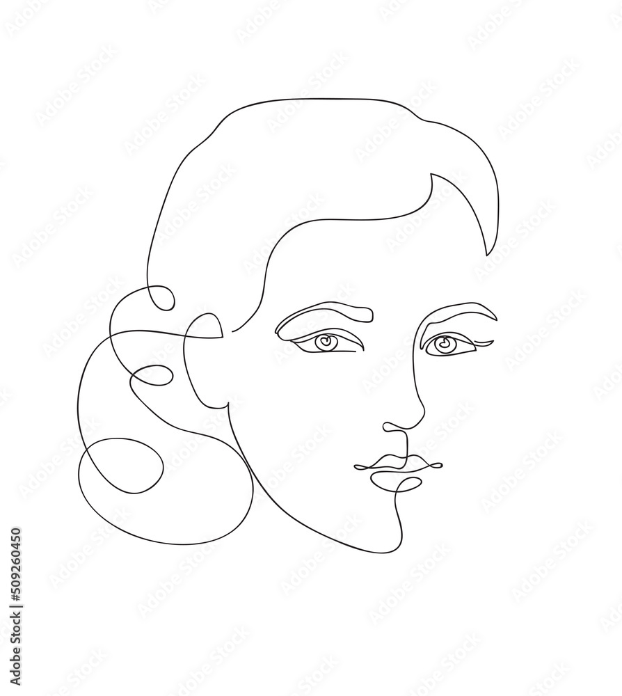 Beautyfull girl face. Attractive young woman portrait female beauty concept. Continuous line drawing. Black and white vector illustration