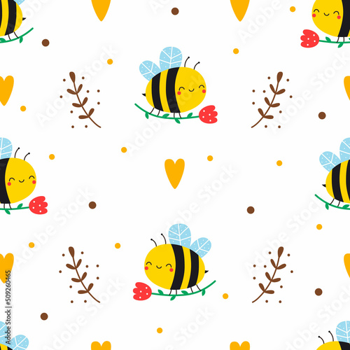 Saemless pattern with cute bee, flower and heart. Vector illustration photo