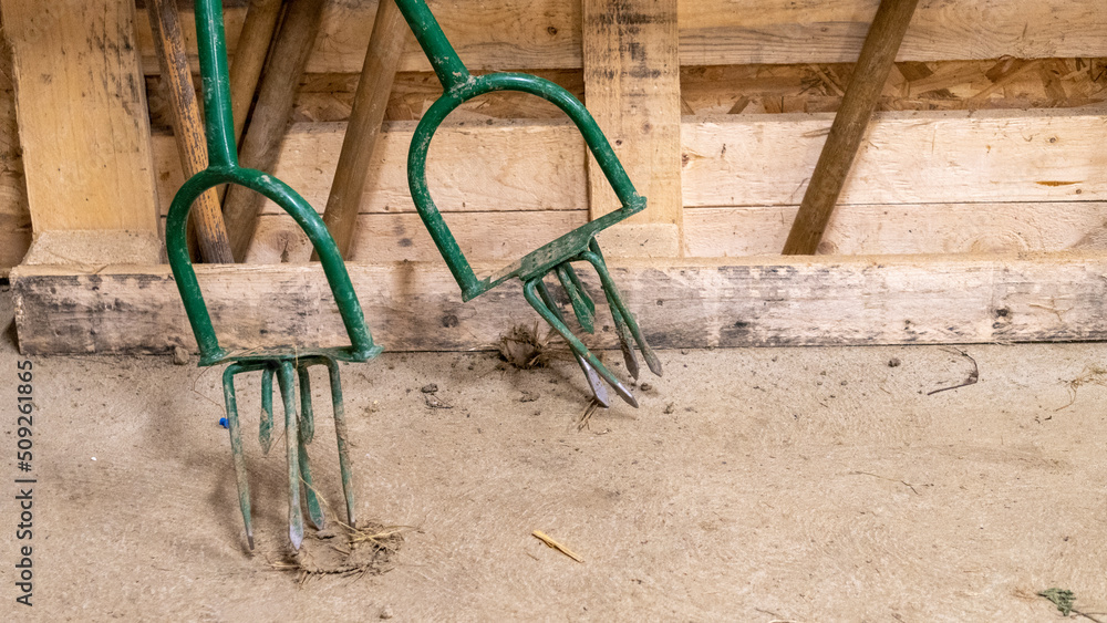 Close-up on garden claws, a kind of pitchfork, a tool used in the vegetable garden to refine the surface of the soil Close-up on garden claws, a kind of pitchfork, a tool used in the vegetable garden to refine the surface of the soil