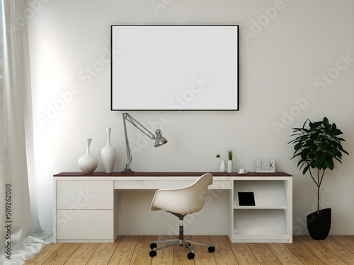Desk room or home office mockup with 1 big blank frame  white table and white wall.  3d rendering. 3d illustration