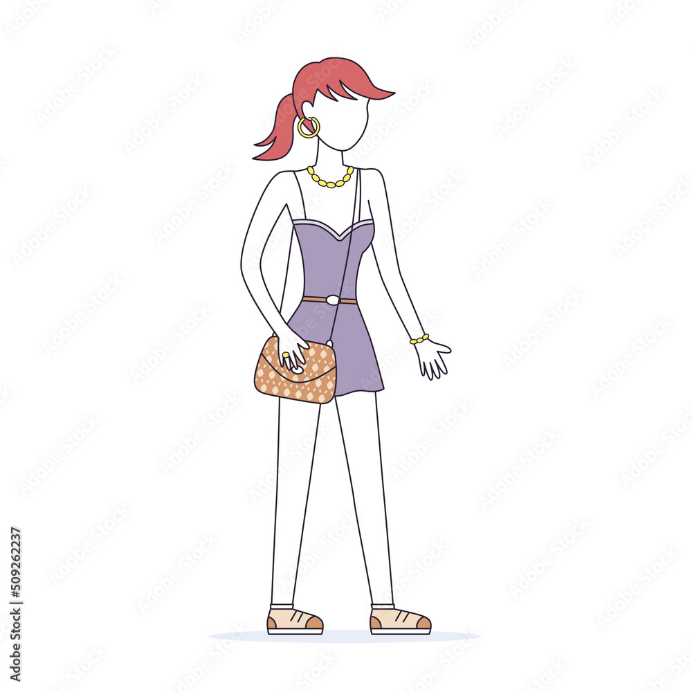 Girl fashion model or mannequin wearing fashionable black mini dress and sneakers with brown luxury shoulder bag, summer look clothing collection catwalk show, isolated cartoon vector illustration.