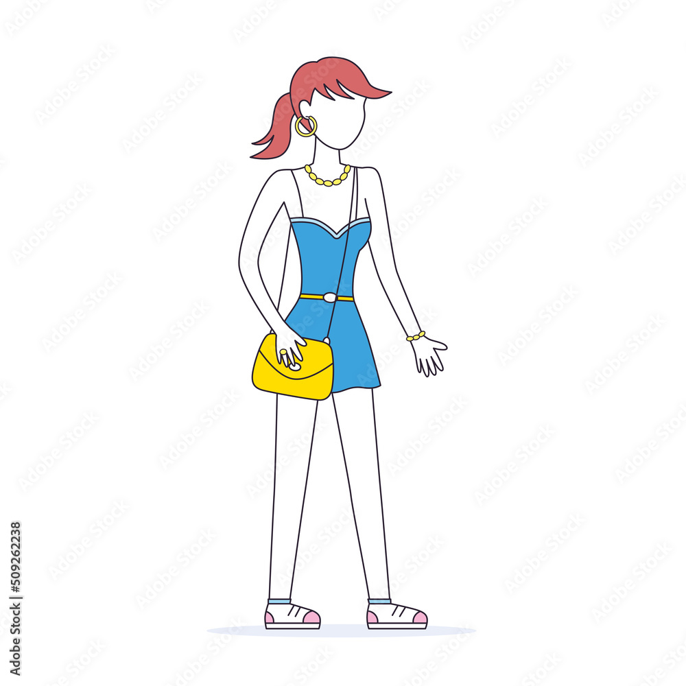Girl fashion model or mannequin in fashionable blue mini dress and white sneakers with yellow luxury shoulder bag, summer look clothing collection catwalk show, isolated cartoon vector illustration. Girl fashion model or mannequin in fashionable blue mini dress and white sneakers with yellow luxury shoulder bag, summer look clothing collection catwalk show, isolated cartoon vector illustration.