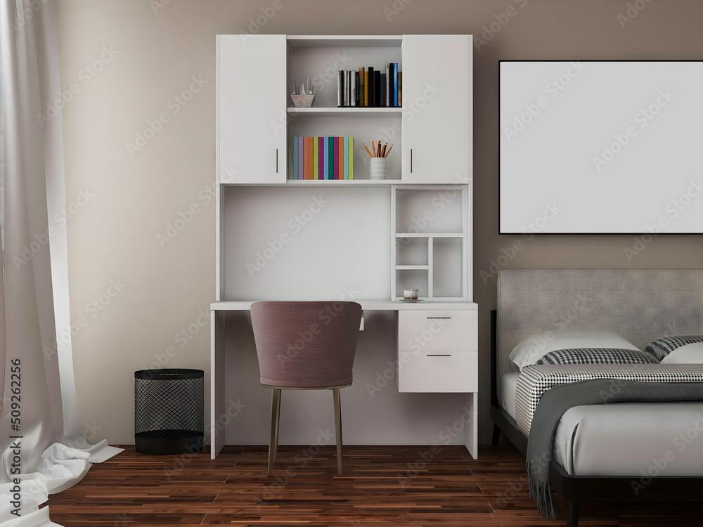 Desk room mockup with  white desk and book shelves, bed, and big blank frames. 3d rendering. 3d illustration