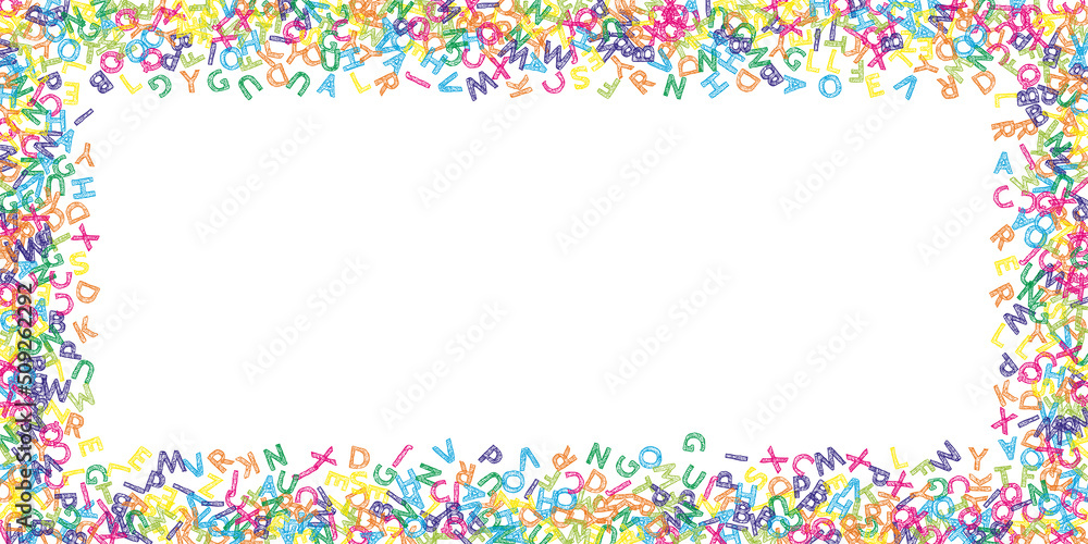 Falling letters of English language. Colorful sketch flying words of Latin alphabet. Foreign languages study concept. Authentic back to school banner on white background. Falling letters of English language. Colorful sketch flying words of Latin alphabet. Foreign languages study concept. Authentic back to school banner on white background.