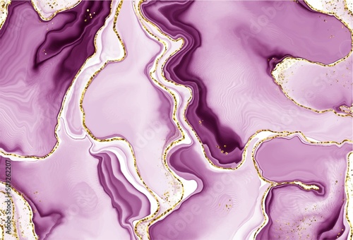 Purple lavender liquid watercolor background with golden lines. Pastel violet marble alcohol ink drawing effect. Vector illustration design template for wedding invitation, menu, rsvp.