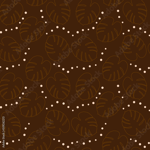 Trendy seamless abstract pattern of monstera leaves in trendy chocolate shades. Background, texture.