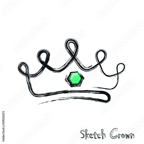 Crown sketch icon on white background. One line art drawing design. Queens or kings crown  with green diamond. Vector illustration.