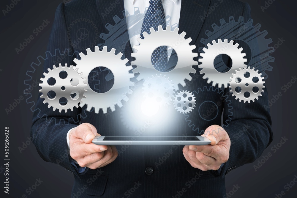 New technology invention concept, engineer hand holding gears icons, innovation and development New technology invention concept, engineer hand holding gears icons, innovation and development
