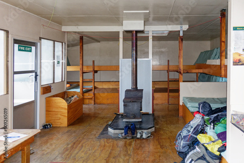 Inside John Tait hut, Department of Conservation hiking accommodation, Nelson Lakes National Park, south island, Aotearoa / New Zealand photo