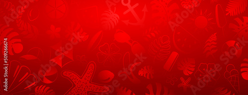 Background from various items related to summer holidays at sea, in red colors