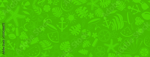 Background from various items related to summer holidays at sea, in green colors