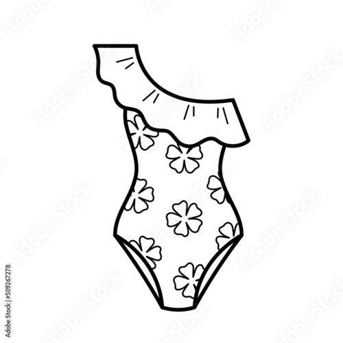 One piece ruffled swimsuit with flowers. Women beach swimming clothes. Vector illustration isolated on white background. Icon in linear style. photo