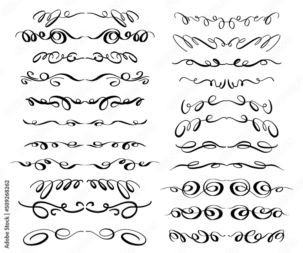 Hand drawn doodle ornamental dividers and borders set. Collection of vector calligraphic design elements.