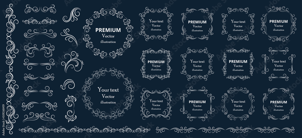 Fototapeta premium Calligraphic design elements . Decorative swirls or scrolls, vintage frames , flourishes, labels and dividers. Retro vector illustration
