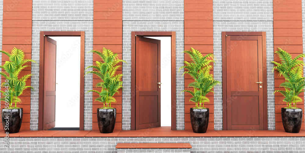 Set of closed and opened brown doors on bricks wall with plants, Realistic wooden doors, 3D render Set of closed and opened brown doors on bricks wall with plants, Realistic wooden doors, 3D render