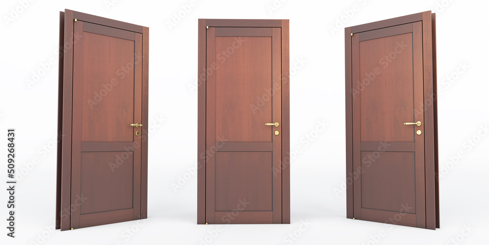 set of Realistic wooden doors isolated on white background, 3D render set of Realistic wooden doors isolated on white background, 3D render