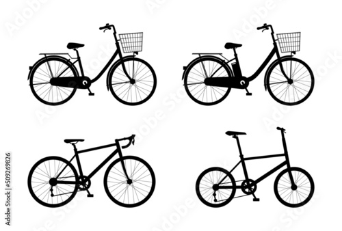 シンプルな自転車のシルエットのイラストセット