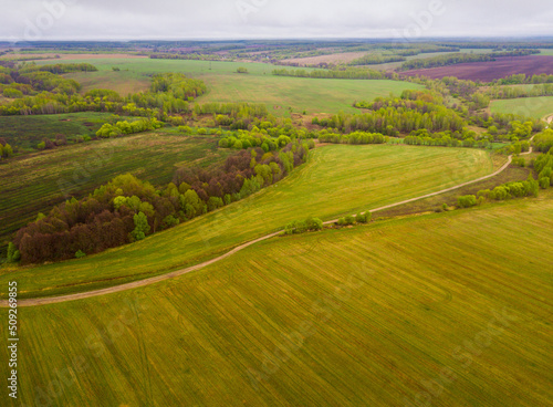 Panoramic view of meadows and Fields of Central Russia on may gloomy day