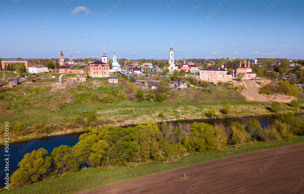 Panoramic aerial view of city of Belev with monastery and river, Tula region, Russia