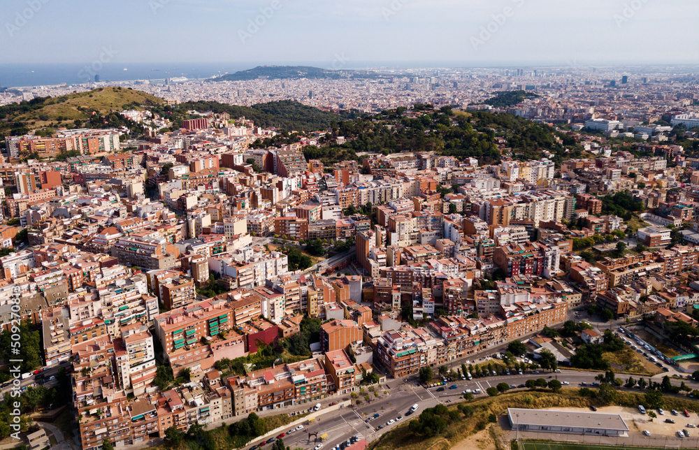 Modern urban landscape in Barcelona, panoramic view from drone of Eixample district