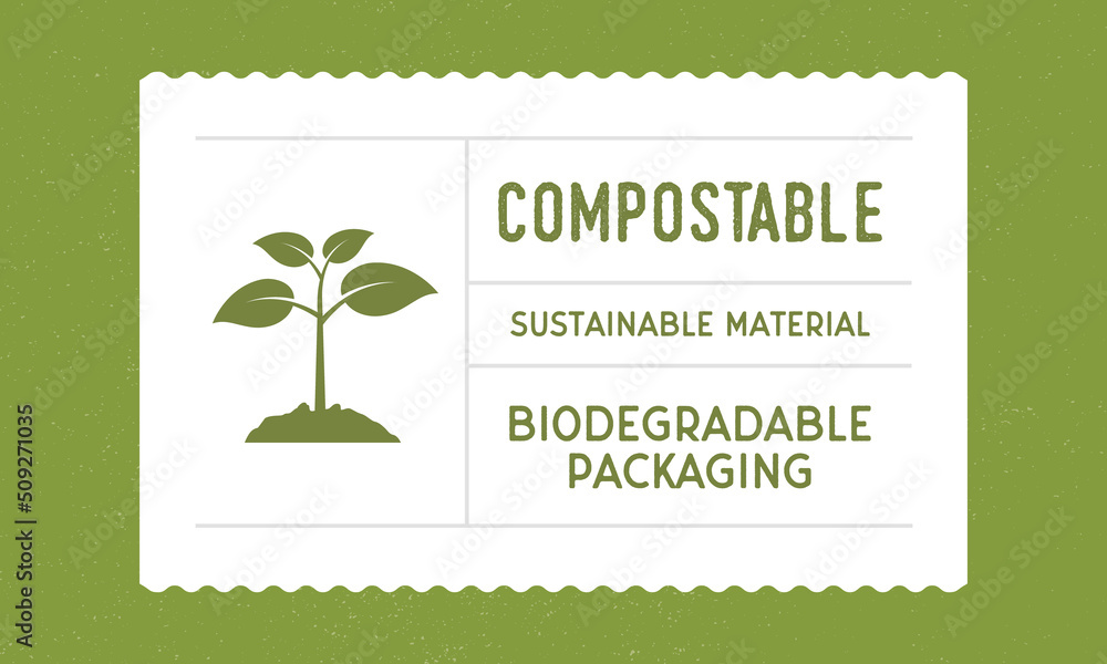 Compostable tag with growth plant. Biodegradable packaging design. Recycle label, tag, sticker design for packaging. Old label template. Vector illustration