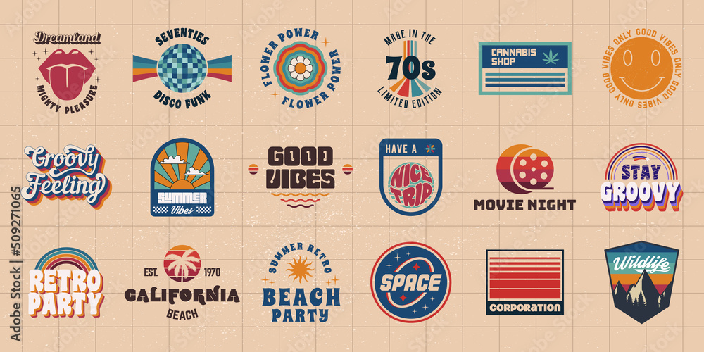 Vector set of signs and logos in Groovy style. Retro 60's, 70's logos ...