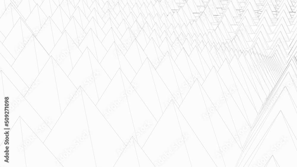 White Mathematical Geometric Abstract Four-Sided Pyramid Grid under White Lighting Background. Conceptual image of technological innovations, strategies and revolutions . 3D illustration. 3D CG.
