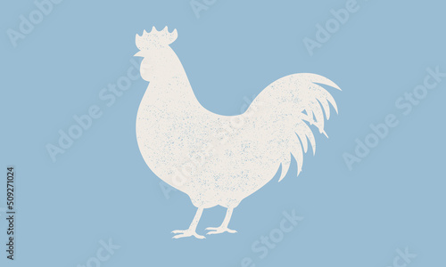 Rooster silhouette with grunge texture. Rooster icon isolated on blue background. Seal  Stamp design for meat shop  restaurant menu. Vintage typography. Vector Illustration