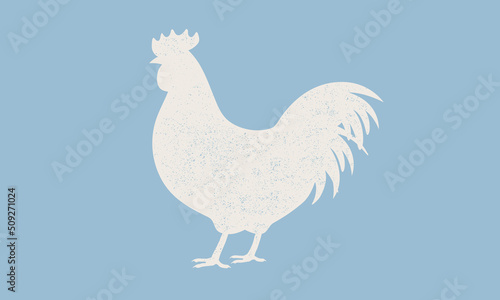 Rooster silhouette with grunge texture. Rooster icon isolated on blue background. Seal, Stamp design for meat shop, restaurant menu. Vintage typography. Vector Illustration