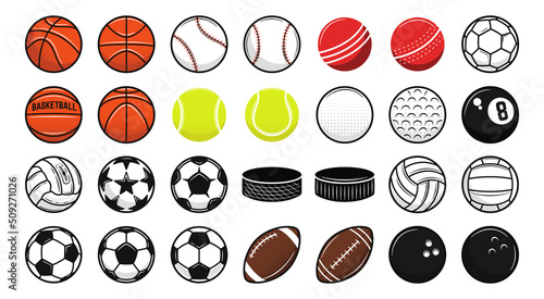 Set of 28 Sport balls icons. Cricket, Baseball, American Football, Soccer, Volleyball, Golf, Basketball, Hockey, Billiard, Bowling, Tennis, Cricket. Trendy logo designs. Vector illustration.