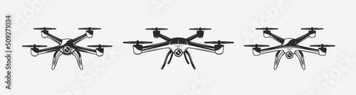 Set of vintage drone icons. Drone vintage elements for logo, poster, banner, label design. 3 drone icons isolated on white background. Vector illustration